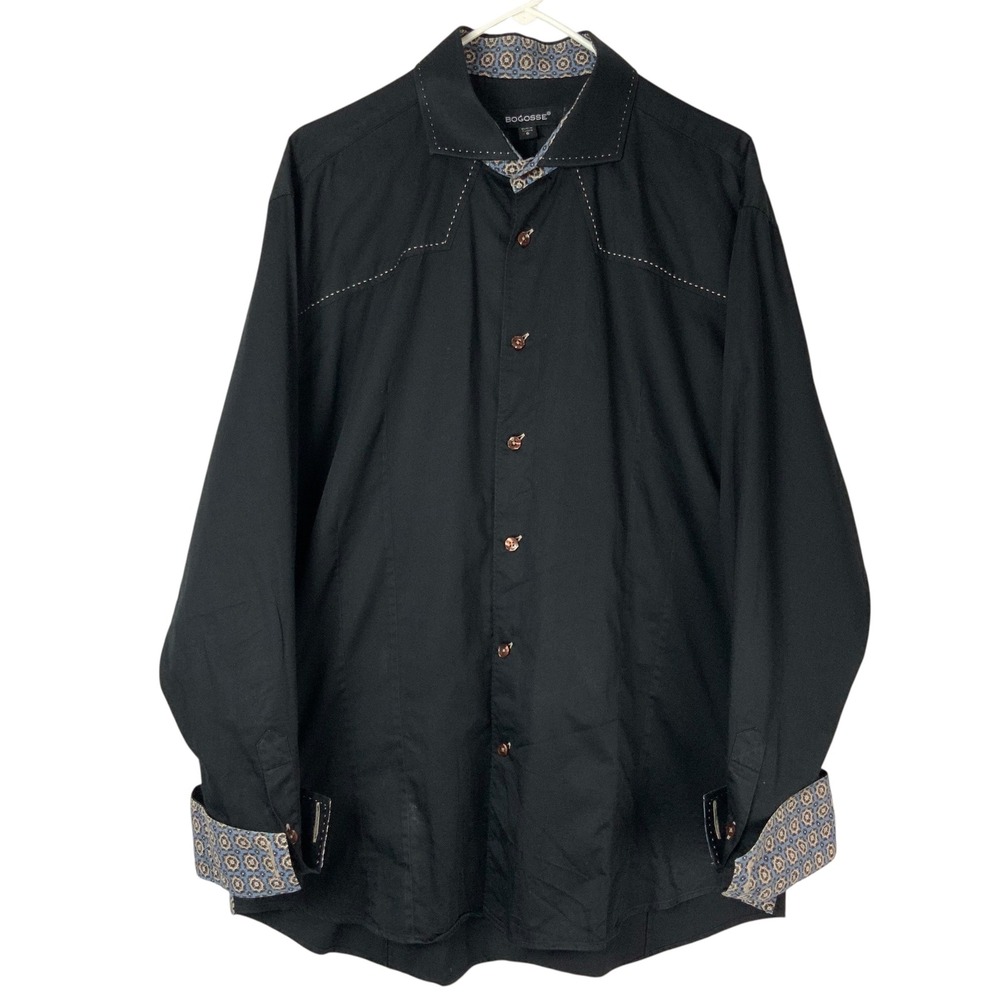 Bogosse Black Button Up Dress Shirt 6/XL Collared Long Sleeve Pick Stitching